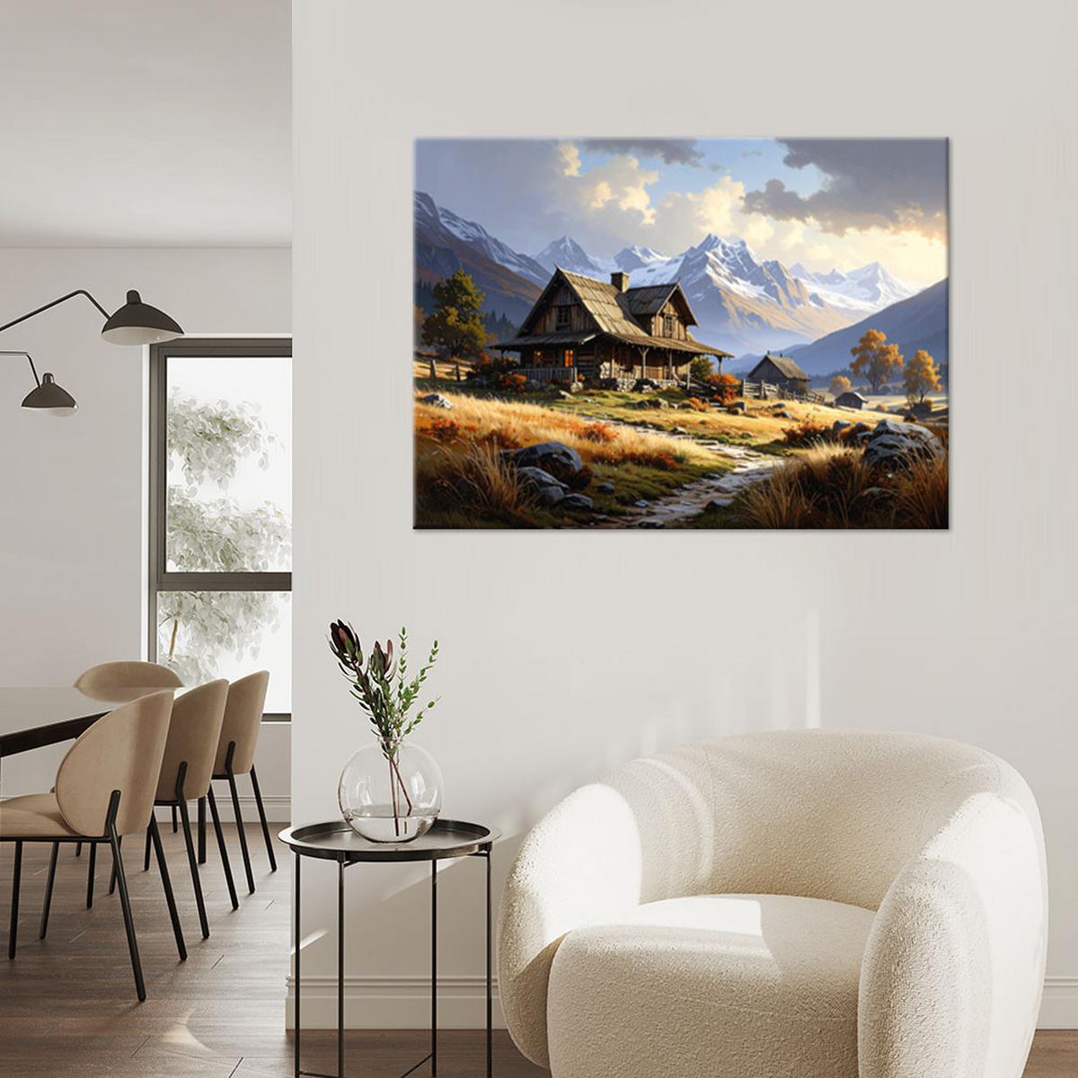 LEINWANDBILD, Berglandschaft Häuschen Natur - Multicolor, Textil (90/60cm) - Feeby