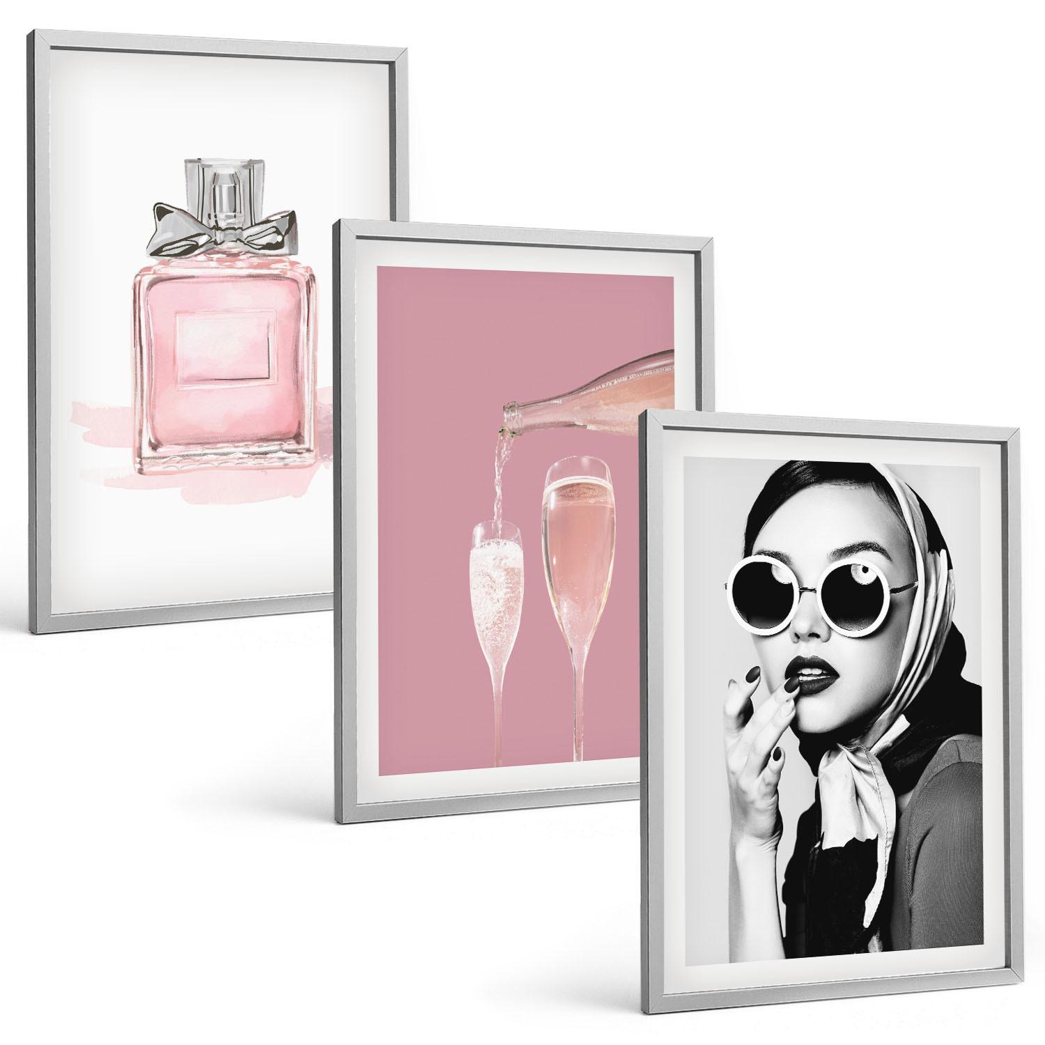 BILDER SET 3er Set - 40x60 cm Silberner Rahmen - Stilvolle pinkfarbene Accessoires - Silberfarben, Kunststoff (40/60cm) - TULUP