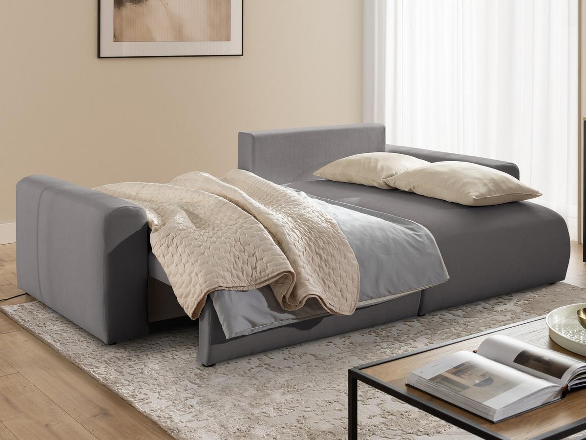 ECKSOFA Calma mit Schlaffunktion und Bettkasten im Bumpy-Design aus weichem Taupe Webstoff - Ottomane rechts - Taupe/Schwarz, Holz/Kunststoff (140/239cm) - S-Style