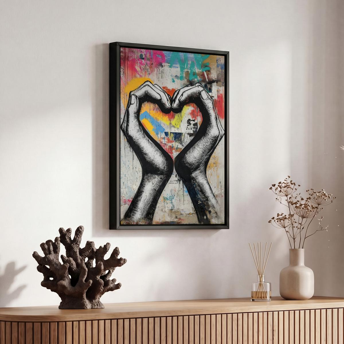 LEINWAND Bilder mit Rahmen - Hände - Herz - Straßenkunst - Graffiti - 20x30 - Multicolor, Textil (20/30cm) - MuchoWow