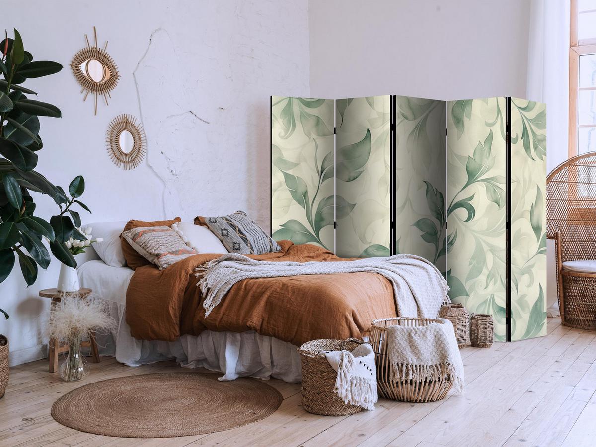 PARAVENT 5-tlg 225x172 cm Grüne Blätter - Creme, Holz/Textil (225/172/3cm) - Muralo