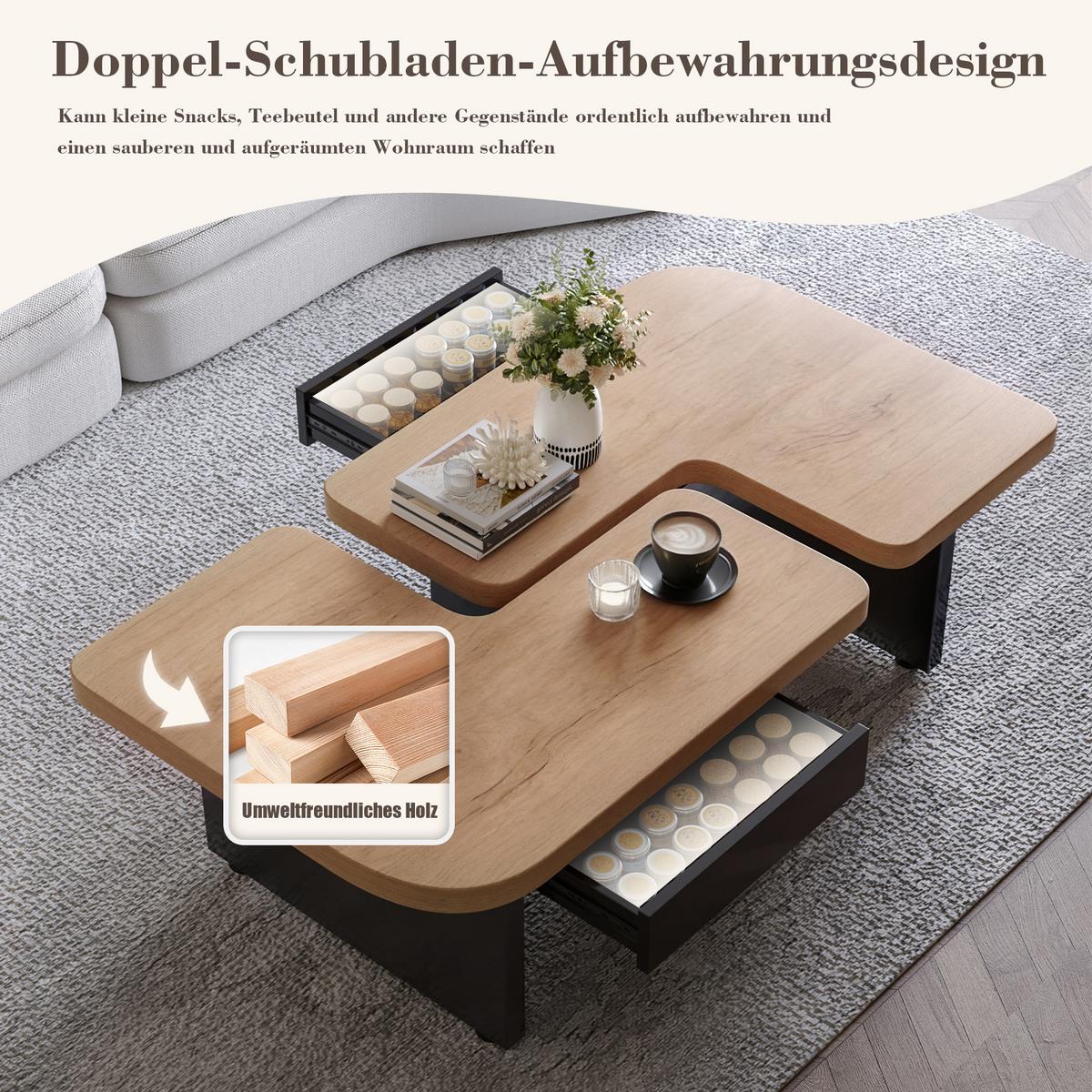 COUCHTISCH holzoptik led 2in1 schubladen - Naturfarben, Holzwerkstoff (60/135/44.5cm) - Urban Meuble