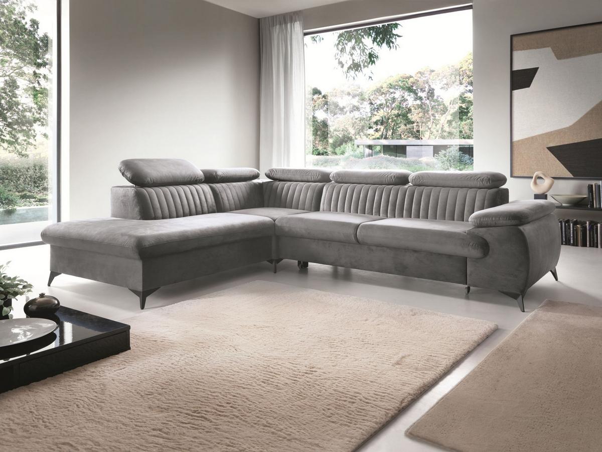 ECKSOFA FIORE Grau Velours-Stoff mit Schlaffunktion - Grau, Holz (275/221cm) - MASSENO