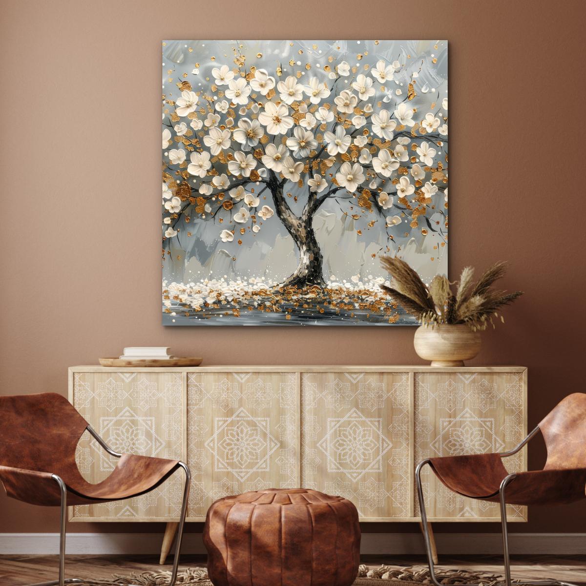 METALLBILD Baum - Blumen - Weiß - Natur - Kunst 90x90 cm - Weiß, Metall (90/90cm) - MuchoWow