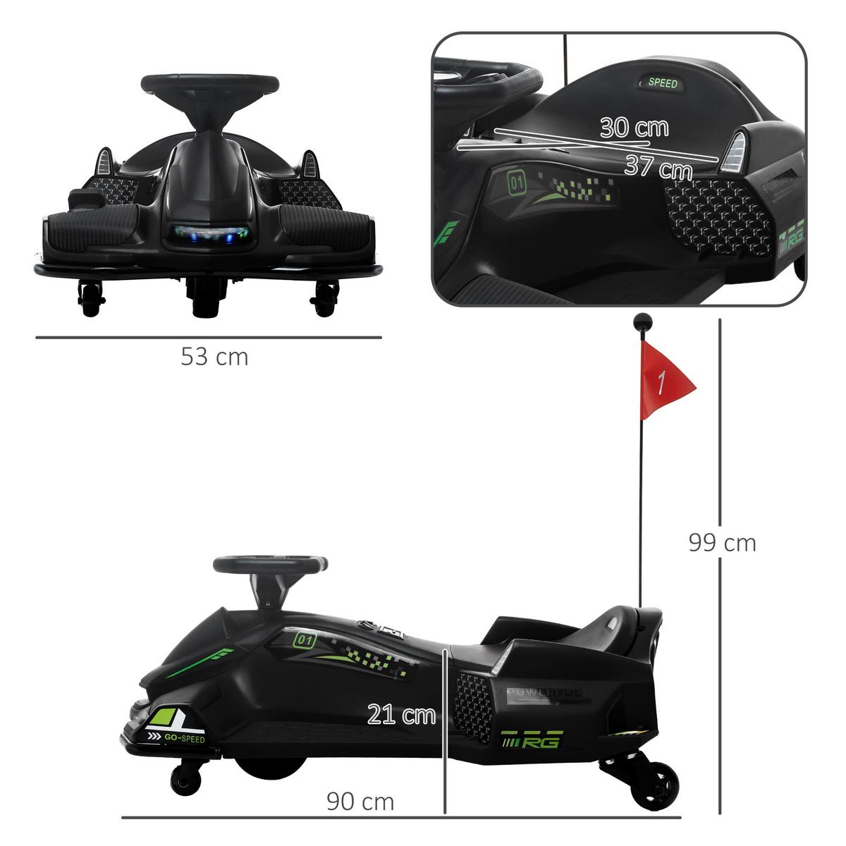 KINDER-ELEKTROGOKART 12 V 3-8km/h Drift Kart mit Driftmodus Lichtern Musik - Schwarz, Kunststoff (90/53/99cm) - HOMCOM