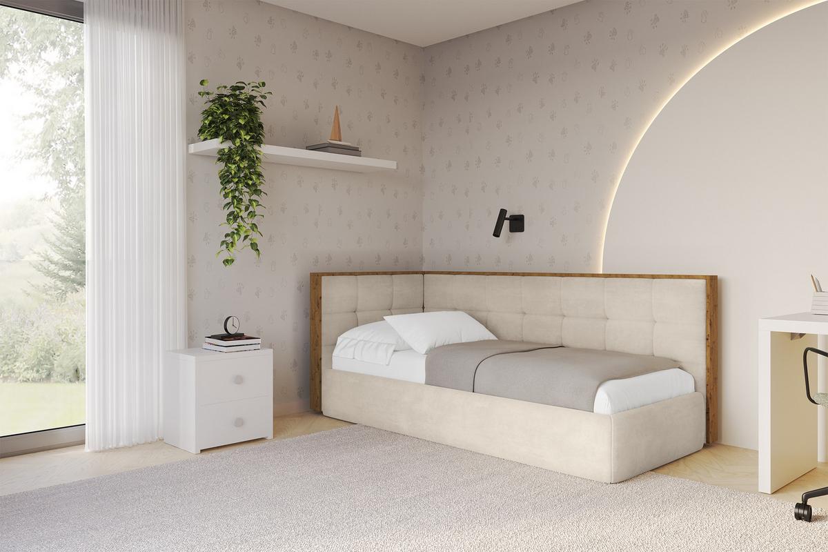 EINZELLBETT Jugendbett mit Bettkasten, Rechts - SOVY 90x200 Beige - Naturfarben, Holzwerkstoff/Textil (90/200cm) - ALTDECOR