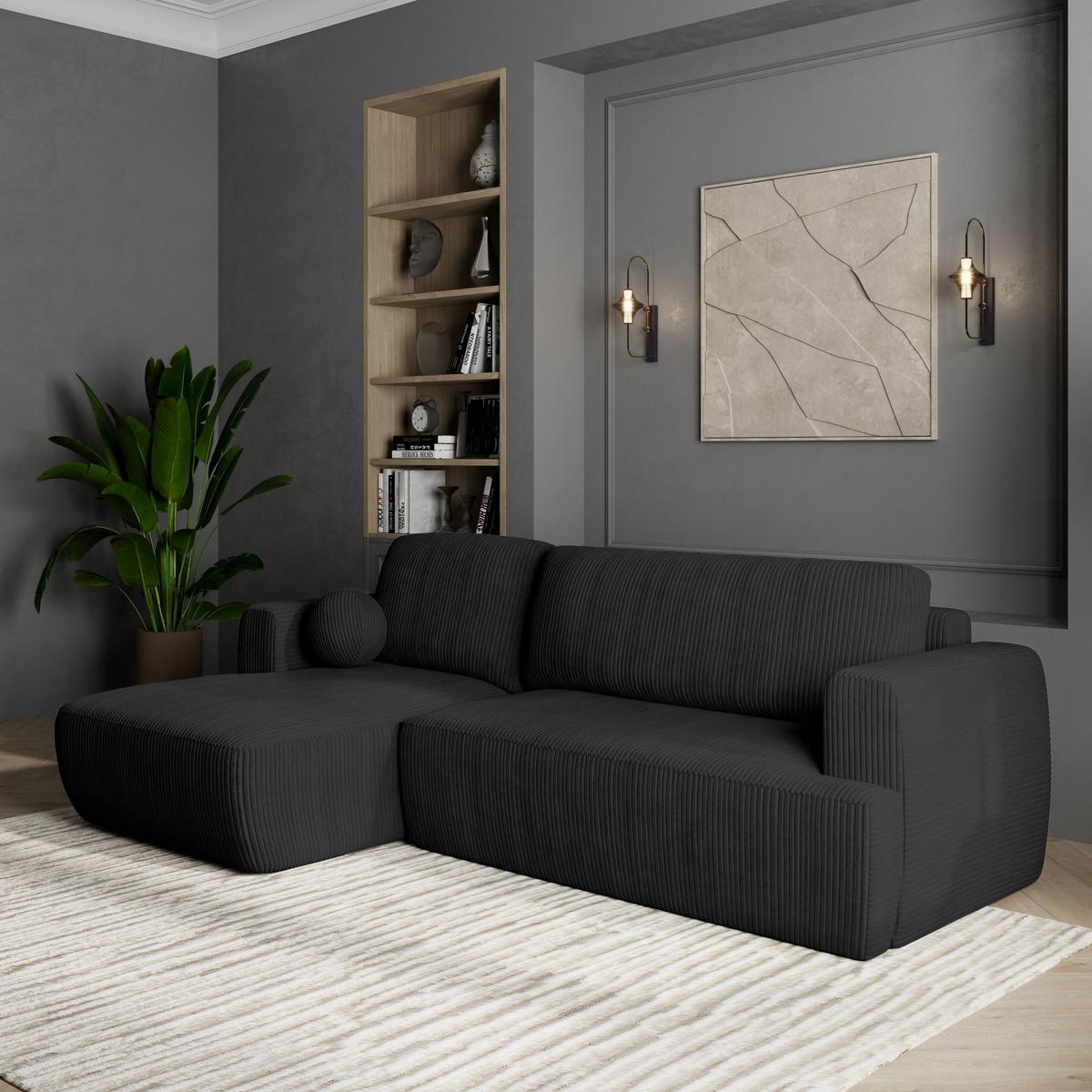 ECKSOFA SENTI P L-S Schwarz Kordstoff mit Schlaffunktion - Schwarz, Holz/Kunststoff (246/148cm) - MASSENO