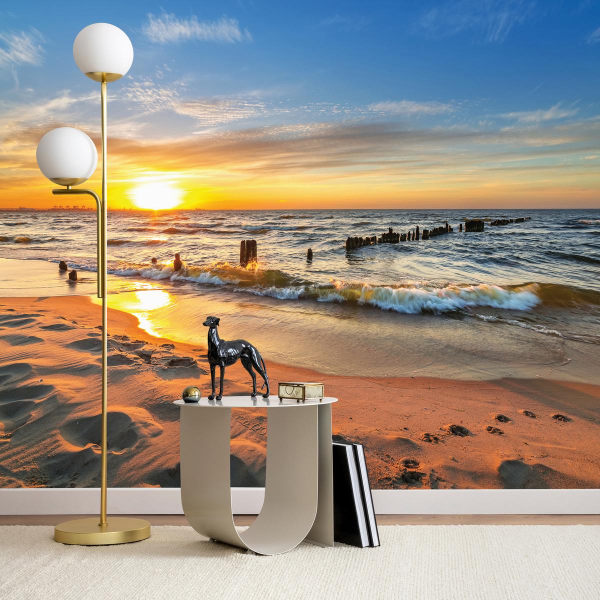 FOTOTAPETE Sonnenuntergang Strand Meer Landschaft 3D 300x210 cm - Beige/Orange, Papier (300/210cm) - Muralo