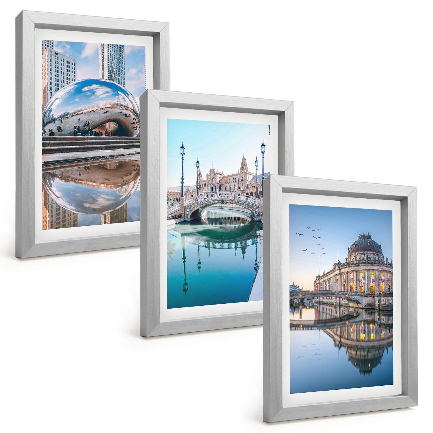 BILDER SET 3er Set - 20x30 cm Silberner Rahmen - Architektur von Städten am Wasser - Silberfarben, Kunststoff (20/30cm) - TULUP
