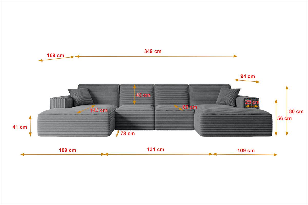 WOHNLANDSCHAFT SIERRA-U - 349x169x80 cm Dunkelgrau Cord - Dunkelgrau/Schwarz, Holzwerkstoff/Kunststoff (349/80/169cm) - ALTDECOR