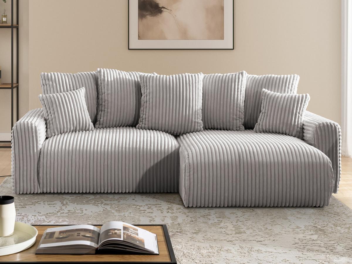 ECKSOFA Calma mit Schlaffunktion und Bettkasten im Bumpy-Design aus weichem Hellgrau Plüschcord - Ottomane rechts - Hellgrau/Schwarz, Holz/Kunststoff (140/239cm) - S-Style