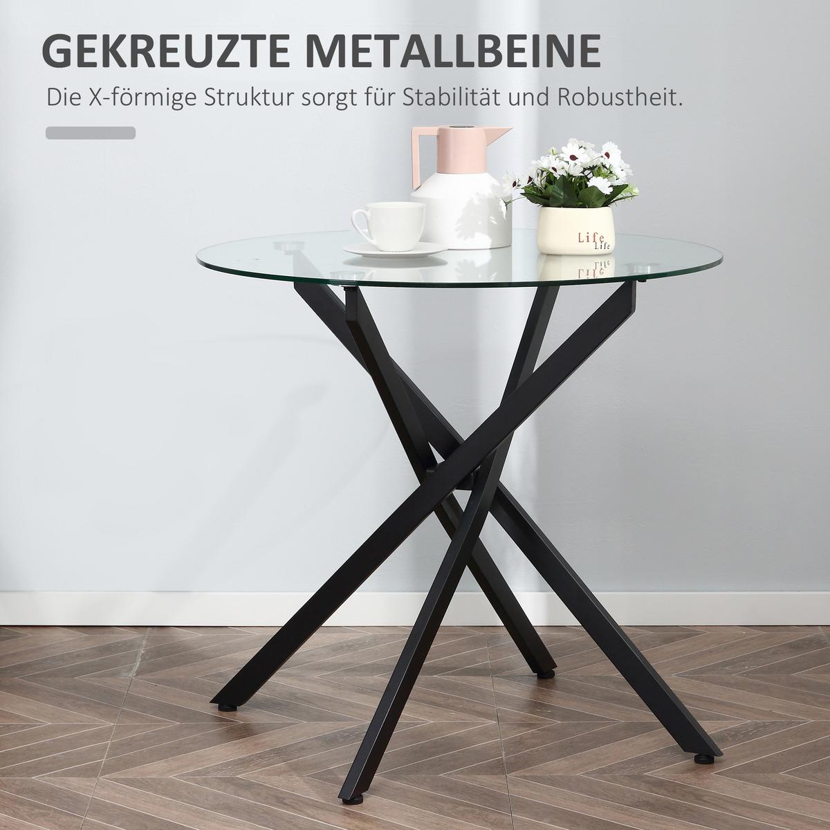 ESSTISCH, Rund Küchentisch für 4 Personen, runder Esszimmertisch Hartglas - Schwarz, Metall (80/80/75cm) - HOMCOM