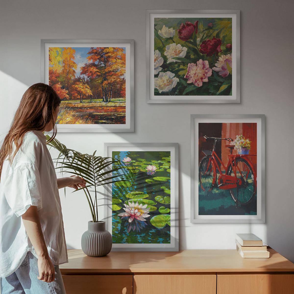 BILDER SET 4er Set - 50x50 cm & 40x60 cm Silberner Rahmen - Herbstfarben Seerosenteich - Silberfarben, Kunststoff (50/50cm) - TULUP
