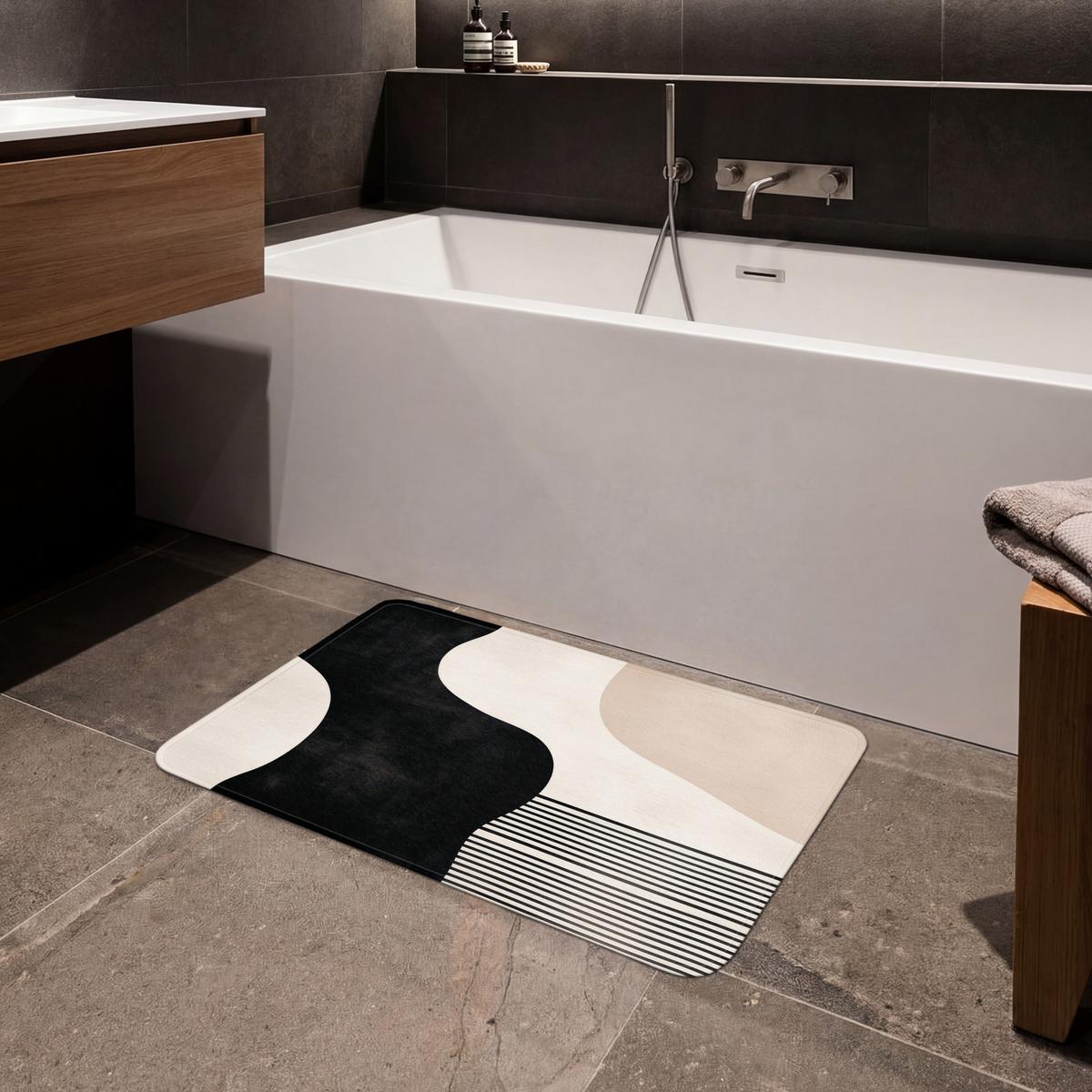 BADEMATTE Abstrakt - Japandi - Beige - Modern 80x50 cm - Beige/Schwarz, Textil (80/50cm) - OnlyWow