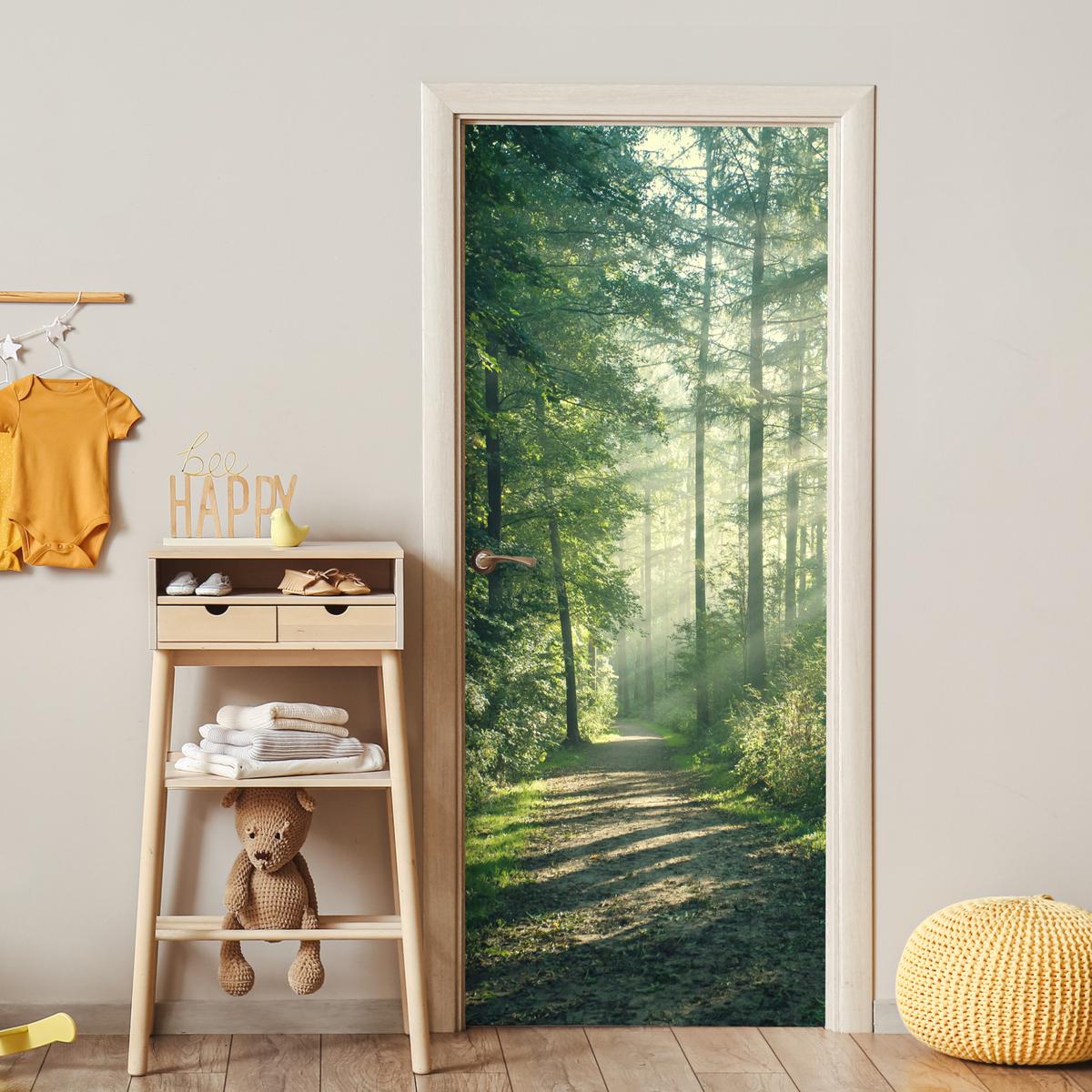TÜRAUFKLEBER Wald - Weg - Sonne - Bäume - Grün - Natur Room Decor 85x205 cm - Türtapete - Waldgrün, Kunststoff (85/0.1cm) - MuchoWow