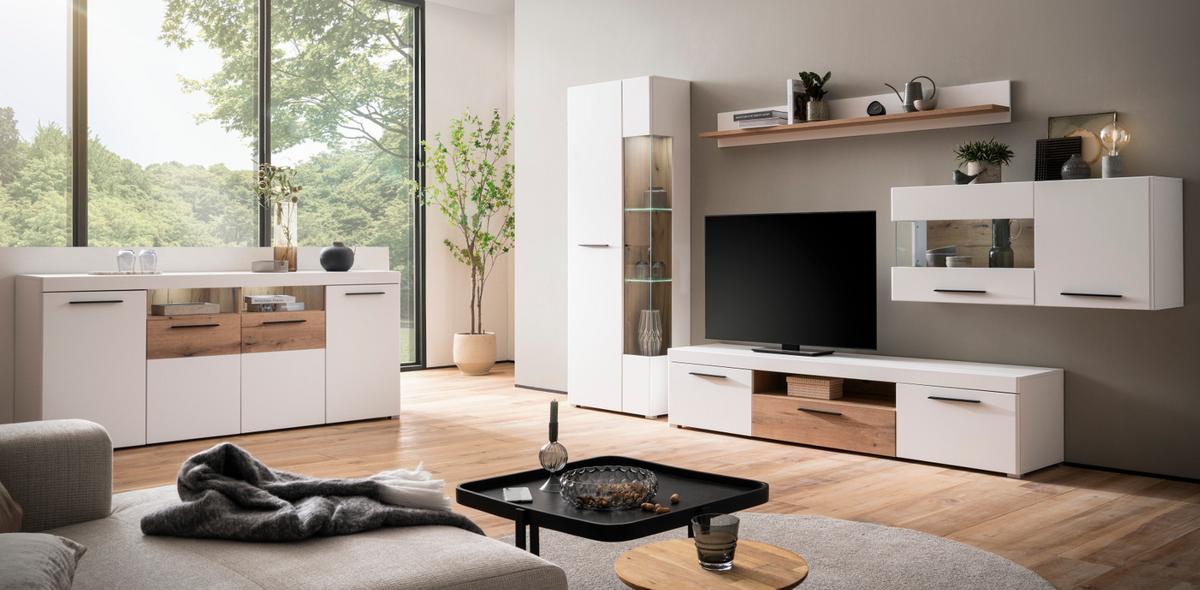 WOHNWAND weiß matt, Evoke Eiche, Wohnkombination 3-teilig, Soft-Close-Funktion - Eichefarben/Silberfarben, Glas/Holz (287/200/45cm) - Furn.Design