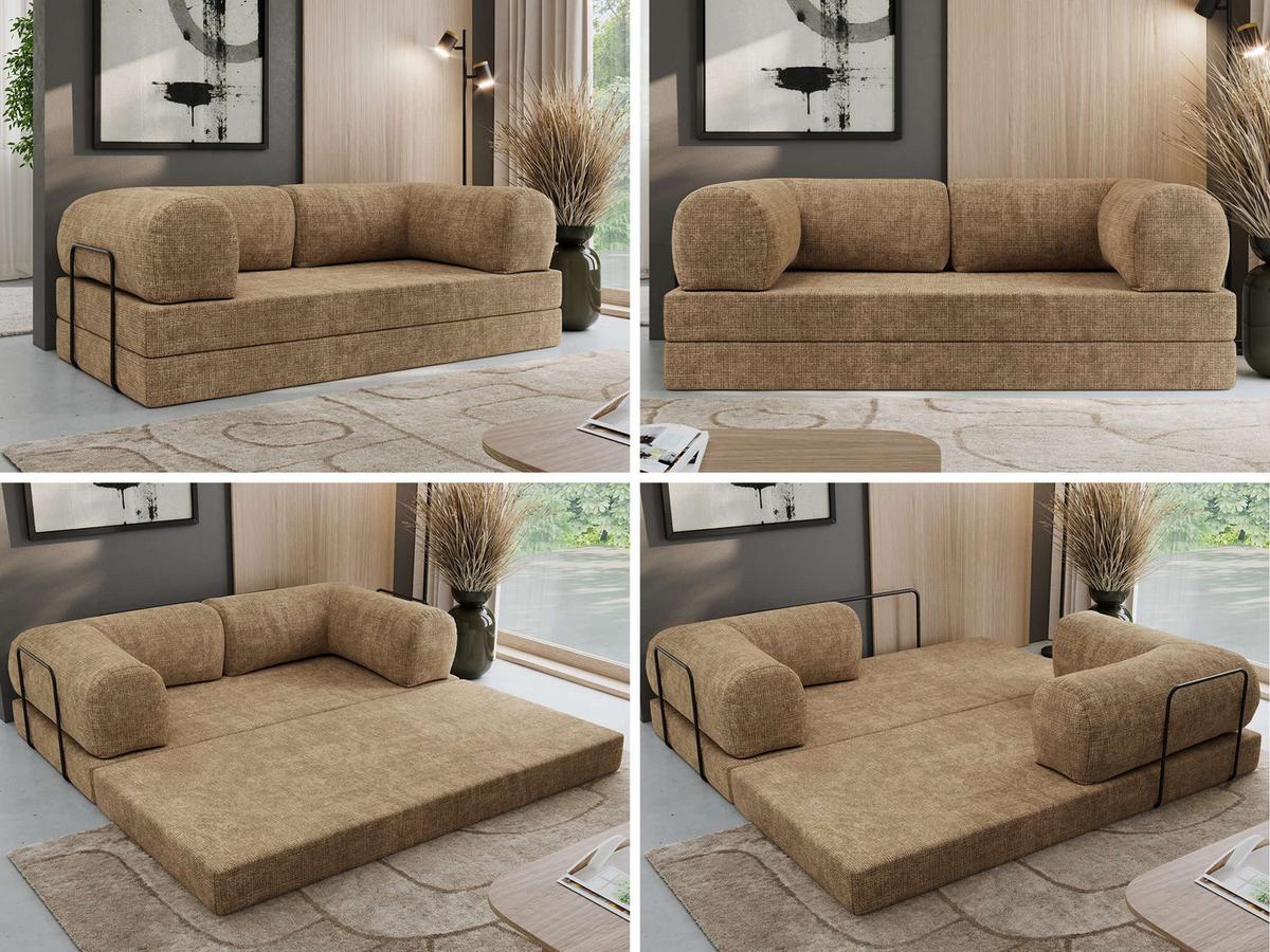 3-SITZER SOFA ORSETTO - Hellbraun Schenille grob gewebt - Hellbraun/Schwarz, Textil/Metall (200/70/100cm) - MKS