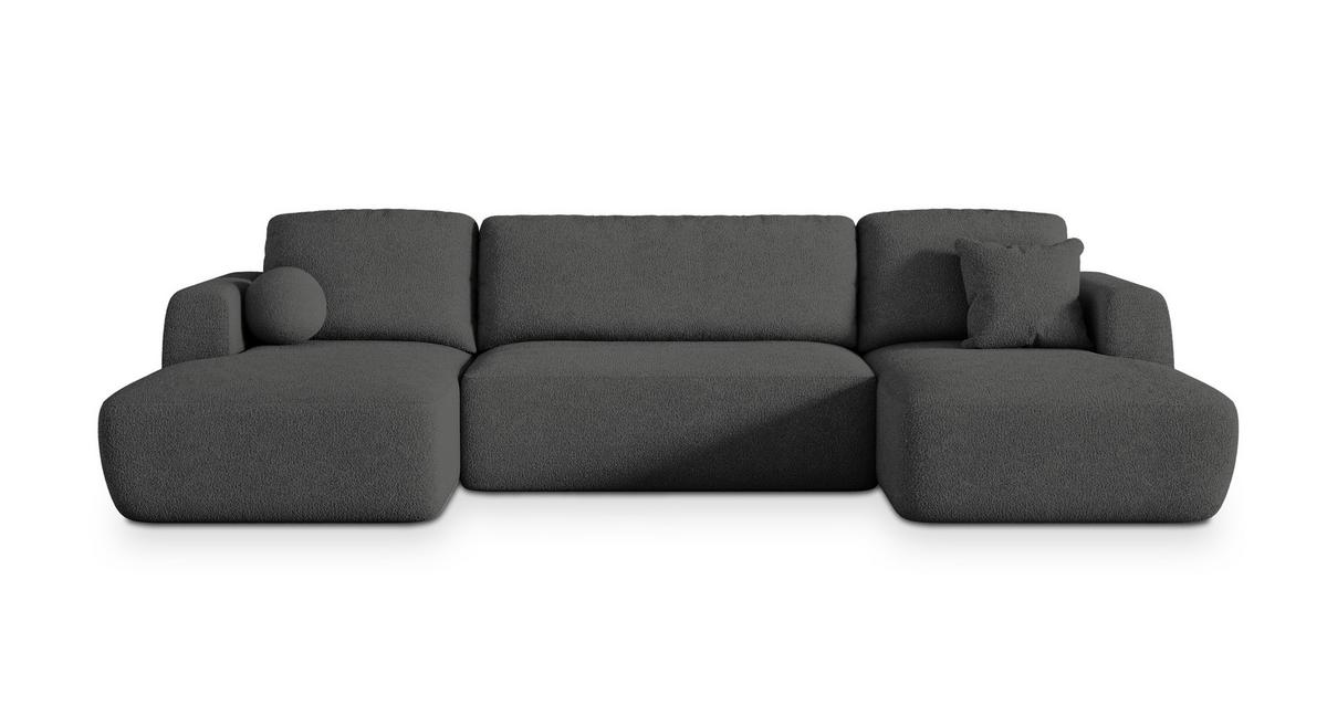 WOHNLANDSCHAFT SENTUM N Grau Boucle-Stoff mit Schlaffunktion - Schwarz/Grau, Holz/Kunststoff (330/90/148cm) - MASSENO