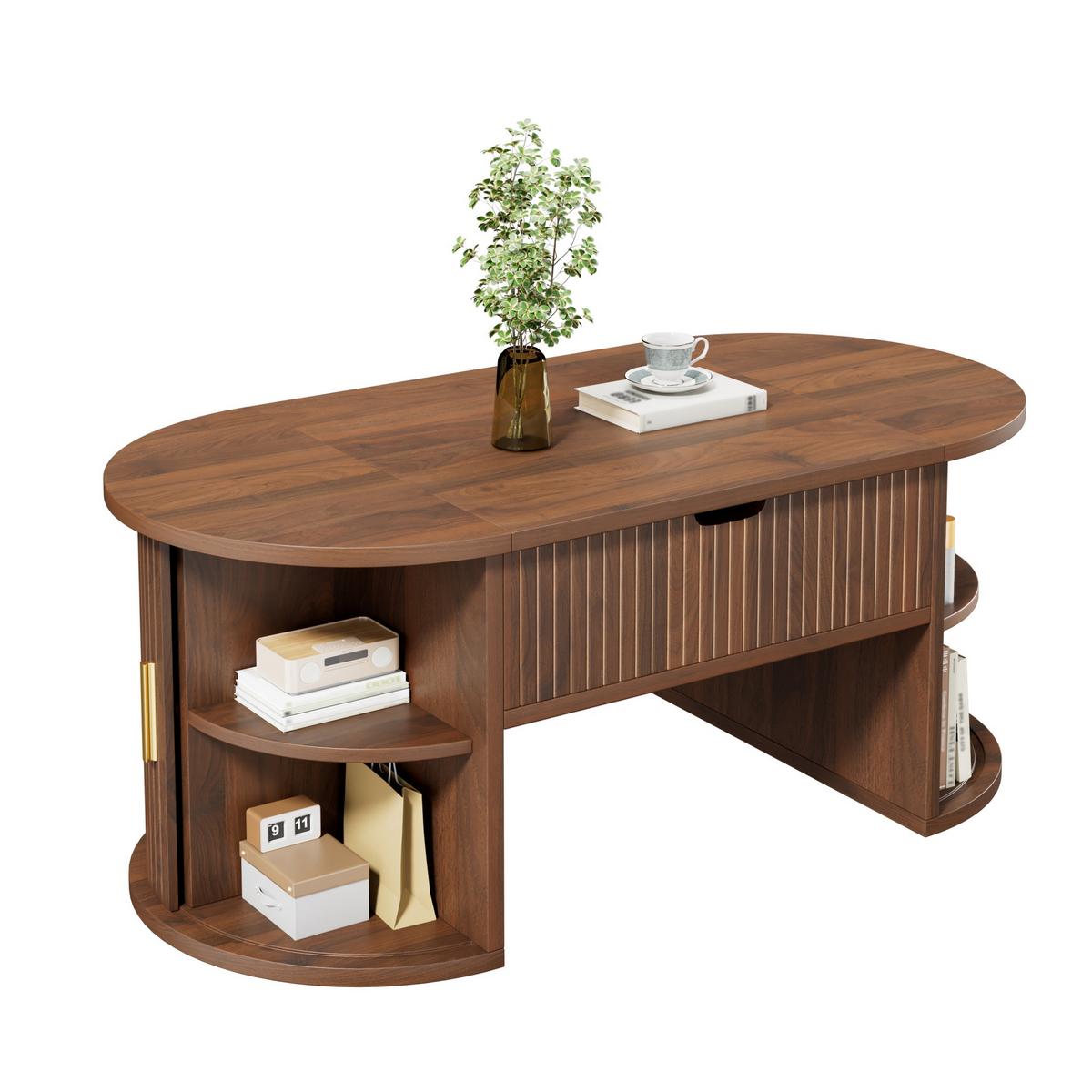 COUCHTISCH Höhenverstellbar Nussbaum mit Schiebetüren & Stauraum - Walnussfarben, Holzwerkstoff (50/100/40.5cm) - Urban Meuble