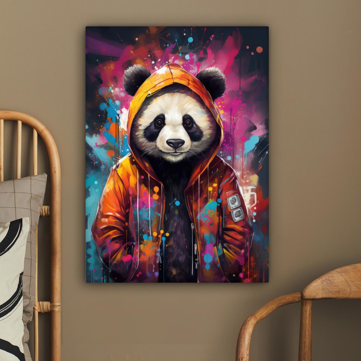LEINWANDBILD Panda - Jacke - Graffiti - Orange Wandbild Wohnzimmer 60x80 cm - Orange, Textil (60/80cm) - MuchoWow