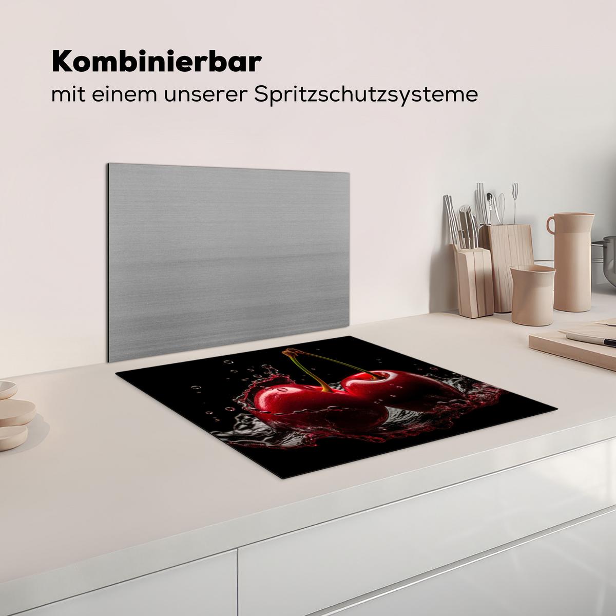 HERDABDECKPLATTE Kirsche - Rot - Frucht - Wasser - Schwarz Abdeckung Ceranfeld 57.6x51.6 cm - Kirschrot, Kunststoff (57.6/51.6/0.2cm) - MuchoWow