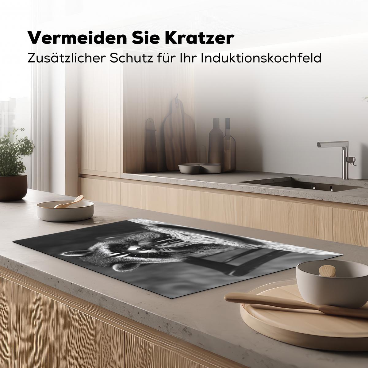 HERDABDECKPLATTE Waschbär - Niedlich - Pasta - Tischtuch - Schwarz - Weiß Ceranfeldabdeckung 85x52 cm - Grau, Kunststoff (85/52/0.2cm) - MuchoWow