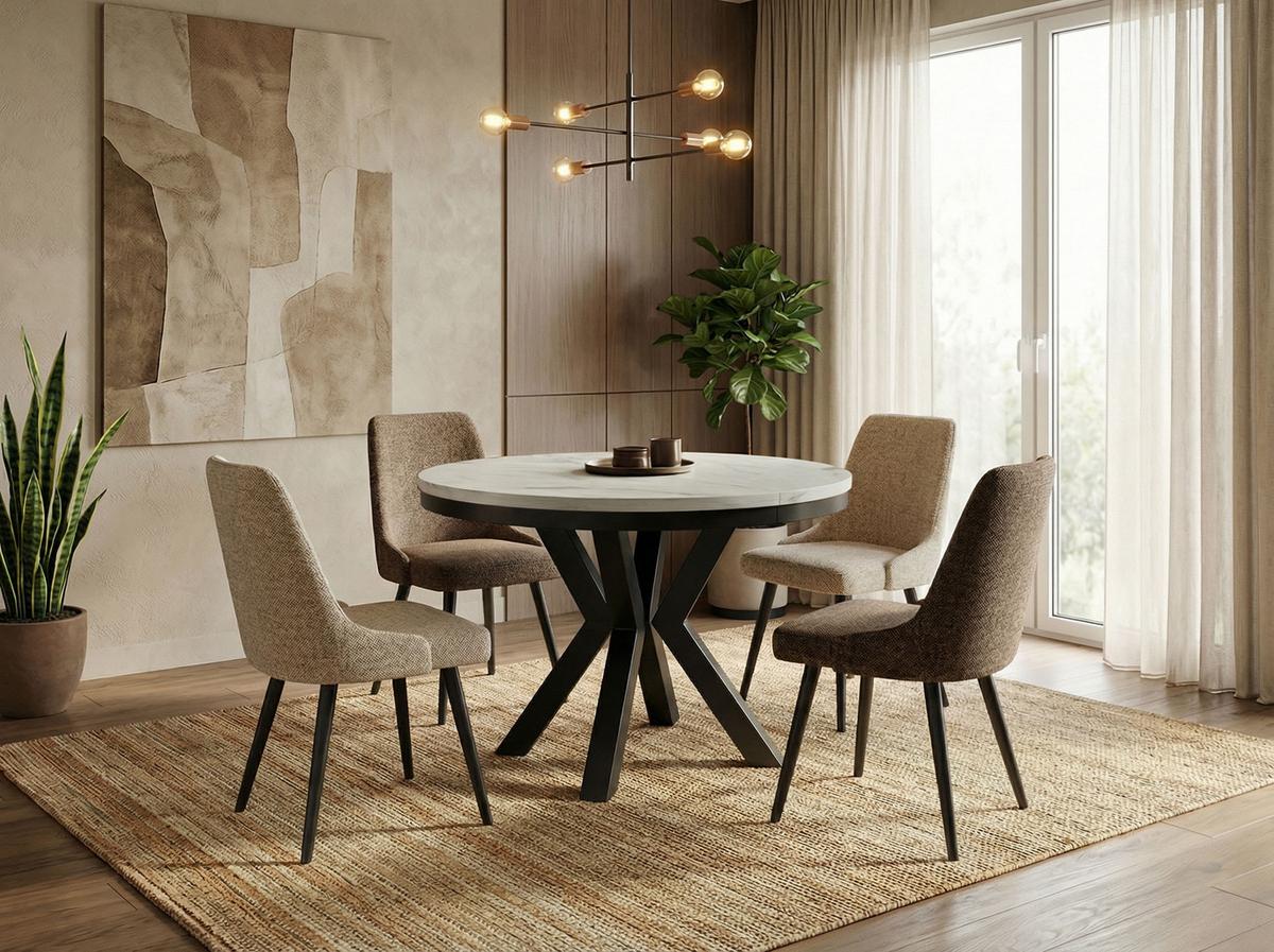 ESSTISCH Clara runder ausziehbarer, Marmor Weiß 100-180/100/76 cm - Ecru/Schwarz, Holzwerkstoff/Metall (180/100/76cm) - WFL GROUP