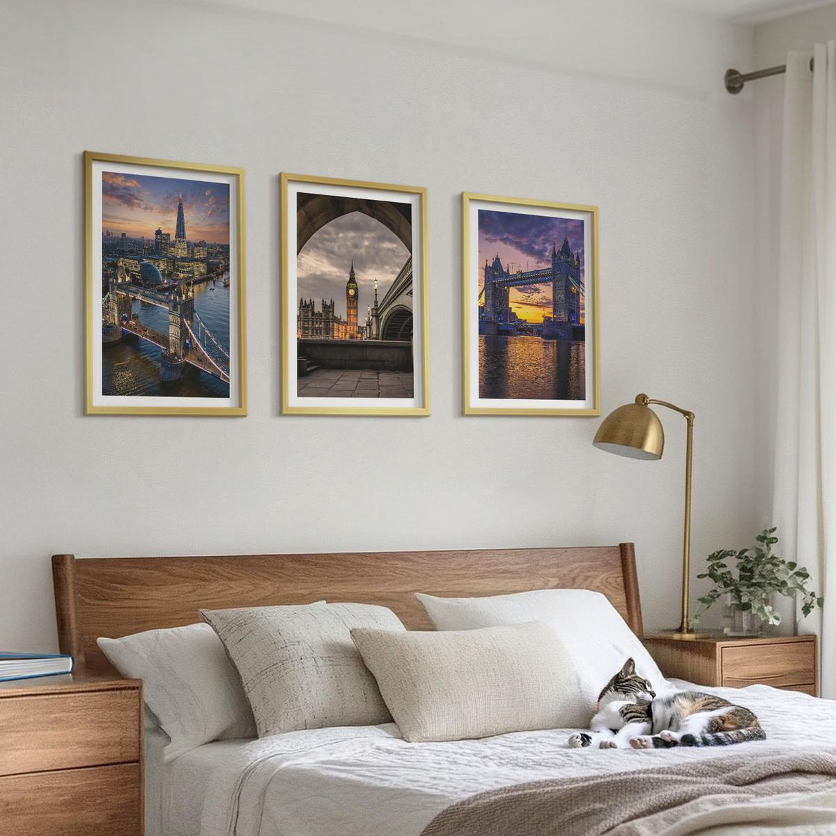 BILDER SET 3er Set - 40x60 cm Goldrahmen - Stadtbrücken, Uhrtürme - Goldfarben, Kunststoff (40/60cm) - TULUP