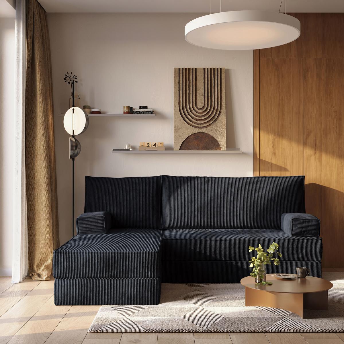 ECKSOFA NOTIA modulares Boneless Sofa mit Schlaffunktion Schwarz Kordstoff - Schwarz, Textil (200/120cm) - MASSENO