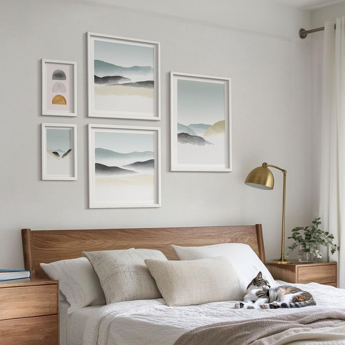 BILDER SET 5er Set - 50x50 cm & 20x30 cm & 40x60 cm Weißer Rahmen - Wellen – Japanische Kunstgrafik - Weiß, Kunststoff (40/60cm) - TULUP