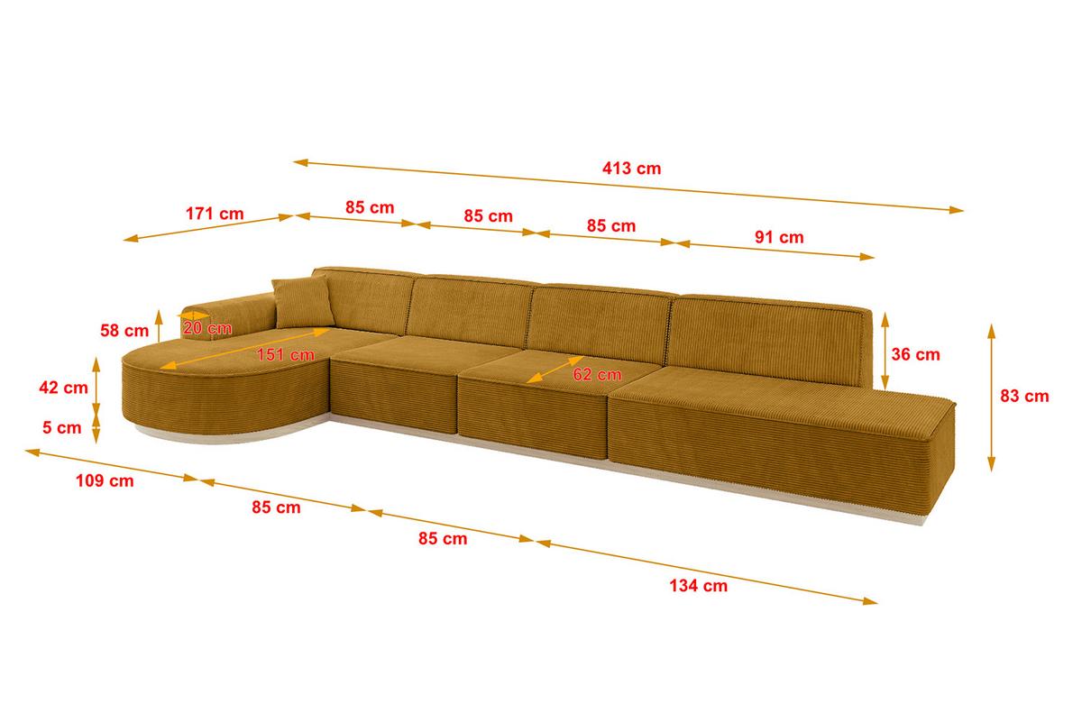 ECKSOFA Ottomane Links ARRIO-L3 - 413x171x83 cm Senfgelb - Currygelb/Gelb, Holzwerkstoff/Textil (413/171cm) - ALTDECOR