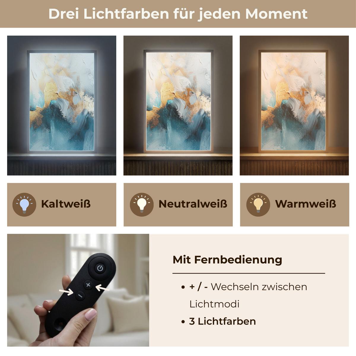 WANDLEUCHTE MIT AKKU Abstrakt - Kunst - Gold - Blau 40x60 cm - Türkis, Holzwerkstoff (40/60/8cm) - OnlyWow