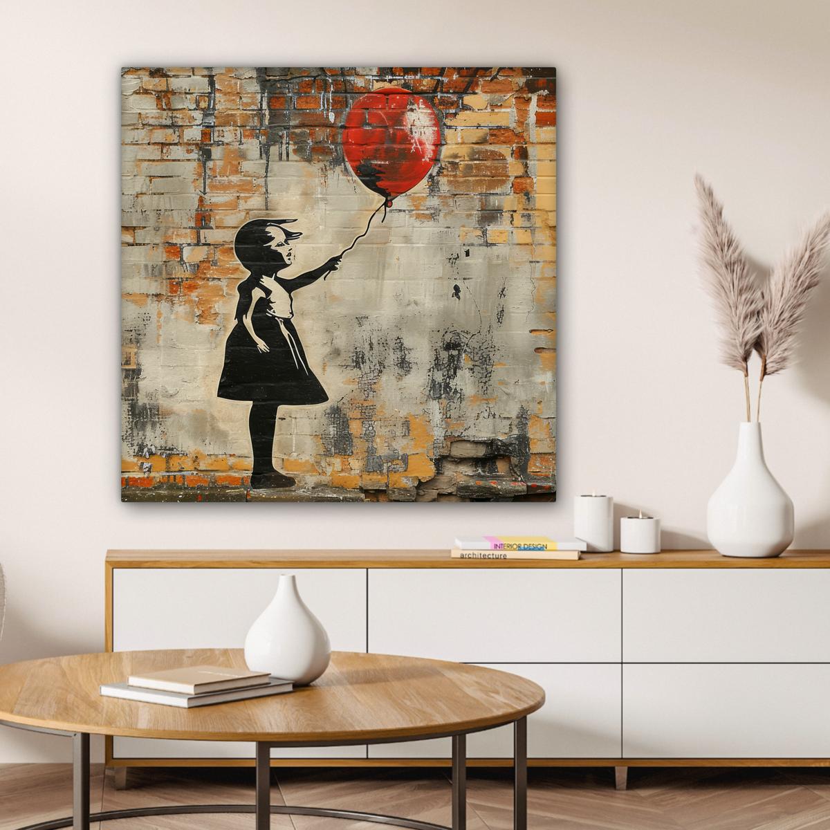 LEINWANDBILD Graffiti - Banksy - Mädchen - Straßenkunst Deko Groß 90x90 cm - Sandfarben, Textil (90/90cm) - MuchoWow