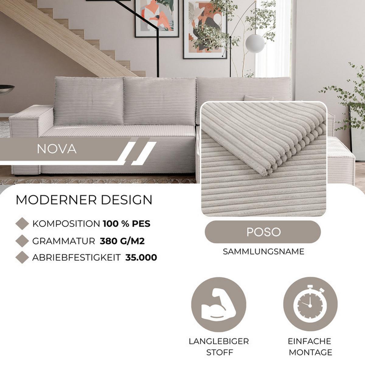 ECKSOFA NOVA Links mit Schlaffunktion und Bettkasten Creme - Creme, Kunststoff/Textil (294/185cm) - Idohome