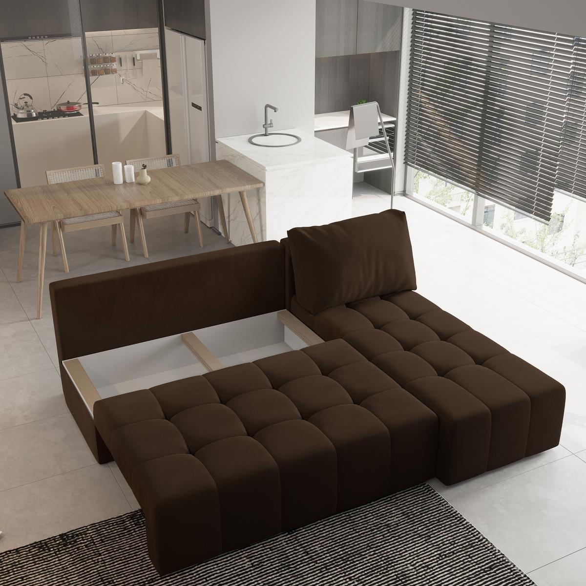 ECKSOFA DOMIRA Braun Plüsch-Stoff mit Schlaffunktion - Braun, Holz (200/141cm) - MASSENO