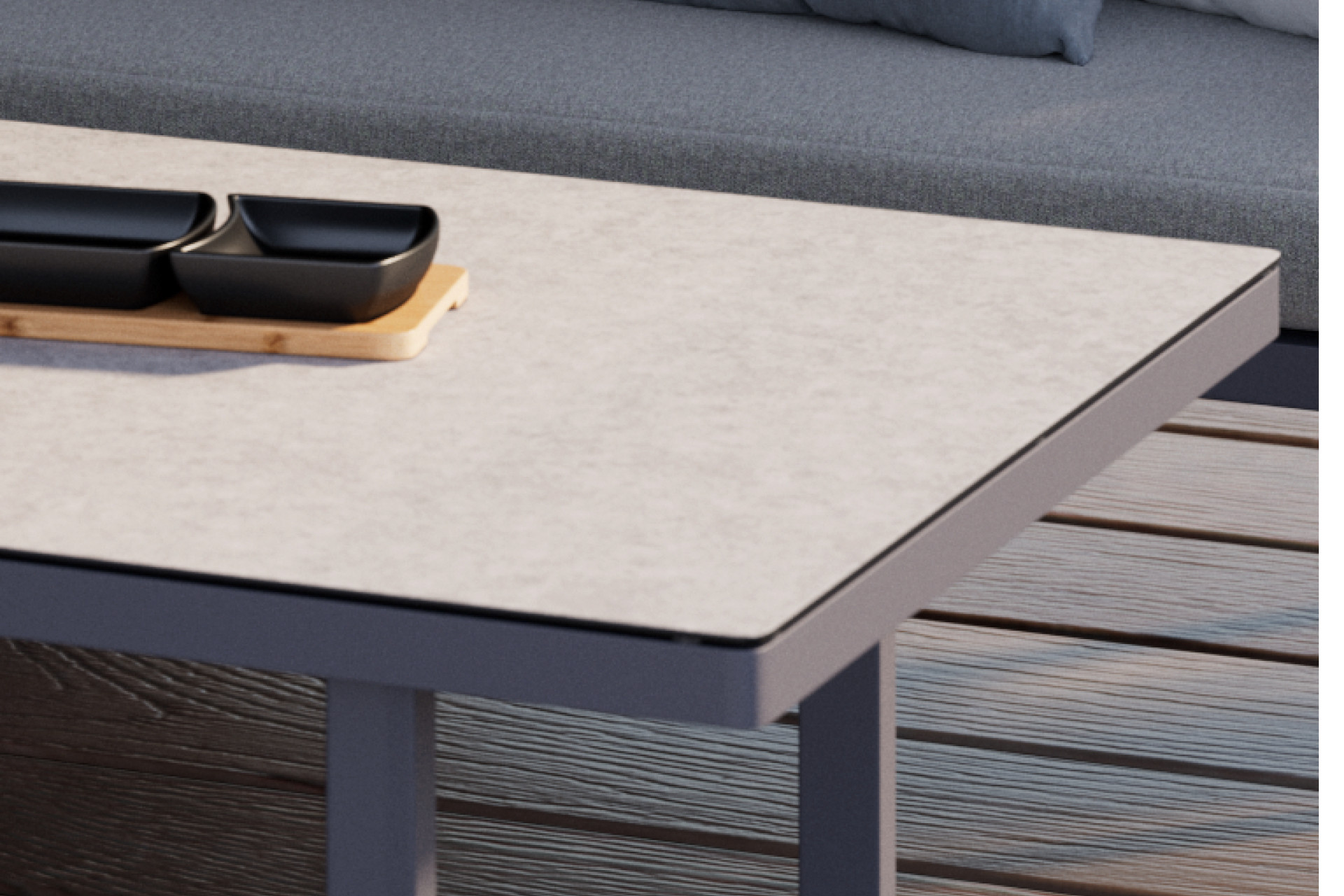 Loungegarnitur Tisch Gestell U-Form Antrazit Aluminium pulverbeschichet und Kunststoff matt Tischplatte matt Glas ESG gehärtet hellgrau