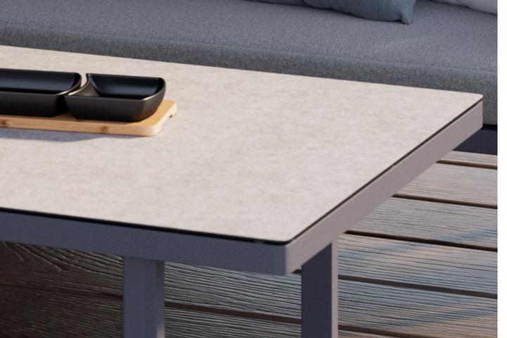 Loungegarnitur Tisch Gestell U-Form Antrazit Aluminium pulverbeschichet und Kunststoff matt Tischplatte matt Glas ESG gehärtet hellgrau