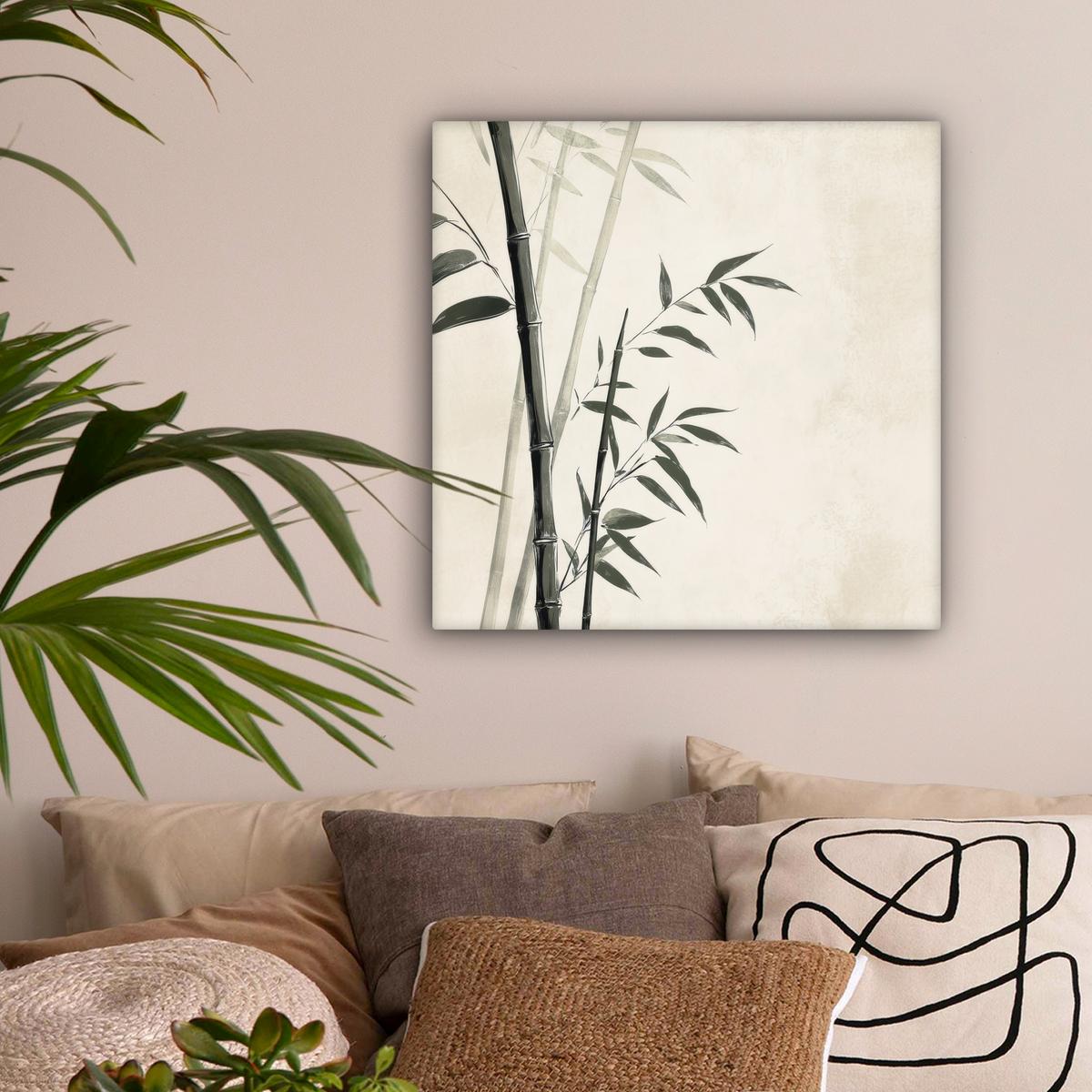 LEINWANDBILD Japandi - Bambus - Beige Wandbild Wohnzimmer 50x50 cm - Eukalyptusholzfarben, Textil (50/50cm) - MuchoWow