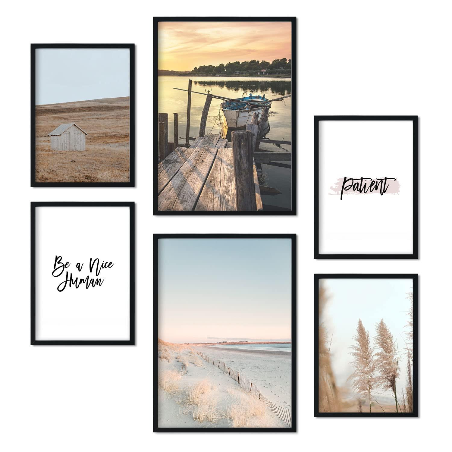 POSTER Set Mit 6 Strand Wandbild A3 & A4 Schwarzer Rahmen - Schwarz, Papier (29/3cm) - Nacnic