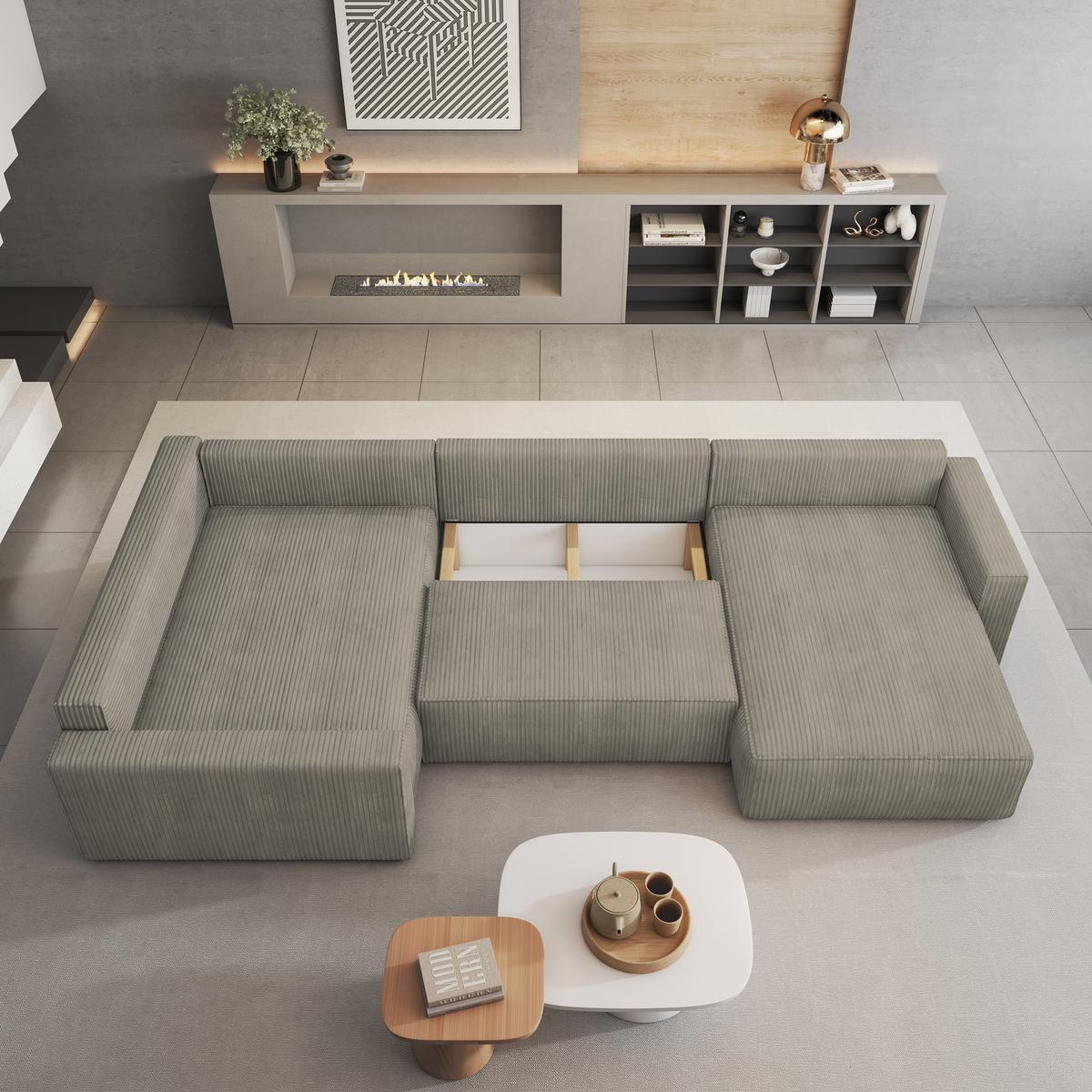 WOHNLANDSCHAFT VELAMI L-S Beige Kordstoff mit Schlaffunktion - Beige, Holz (365/83/194cm) - MASSENO