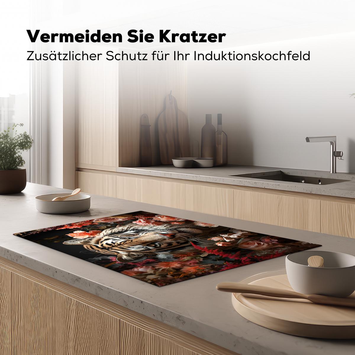 HERDABDECKPLATTE Tiger - Tier - Natur - Floral - Botanisch Induktionsschutz 81.6x52.7 cm - Orange, Kunststoff (81.6/52.7/0.2cm) - MuchoWow