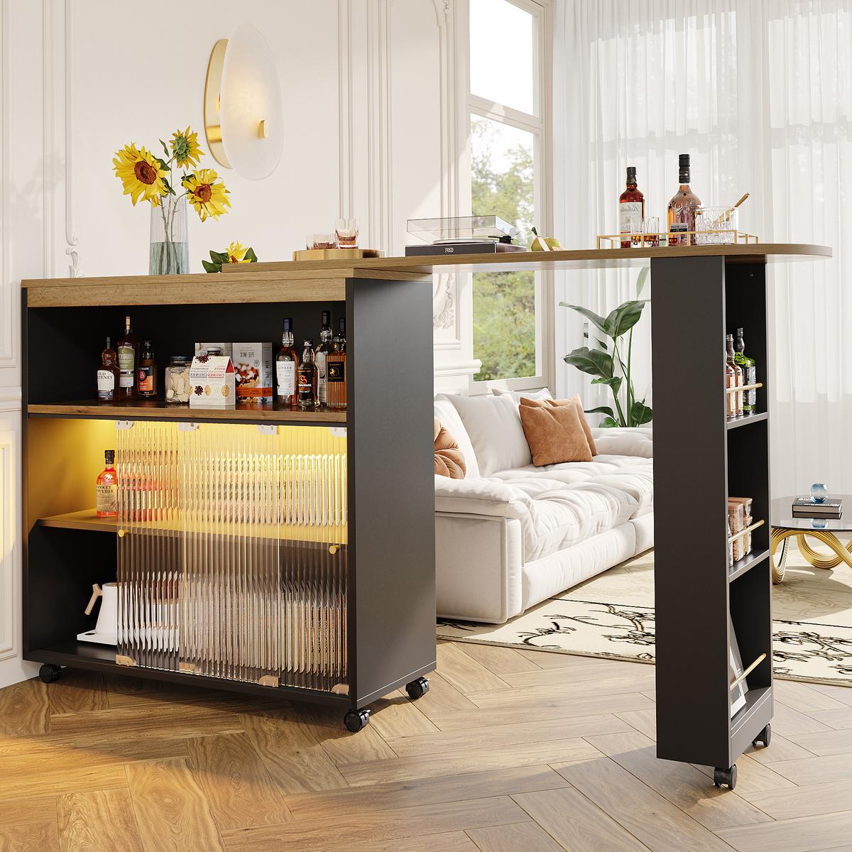 BARTISCH ausziehbar mit led & rollen - Schwarz, Holzwerkstoff (39/138/105cm) - Urban Meuble