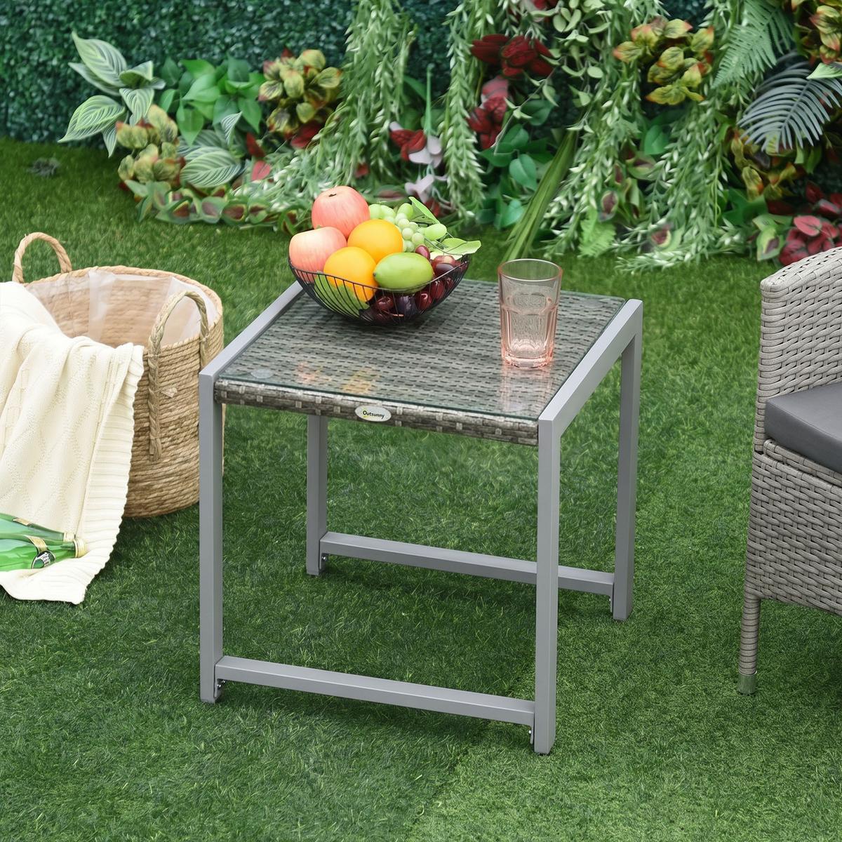 CARTENTISCH, Grau, Polyrattan, Aluminium, Hartglas - Grau, Kunststoff (50/495/50cm) - Outsunny
