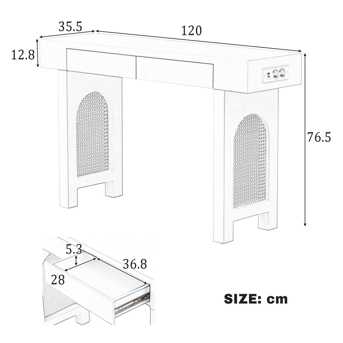 KONSOLENTISCH mit gitterdesign, 2 schubladen & integrierter steckdose - Weiß, Holzwerkstoff (35.5/120/76.5cm) - Urban Meuble