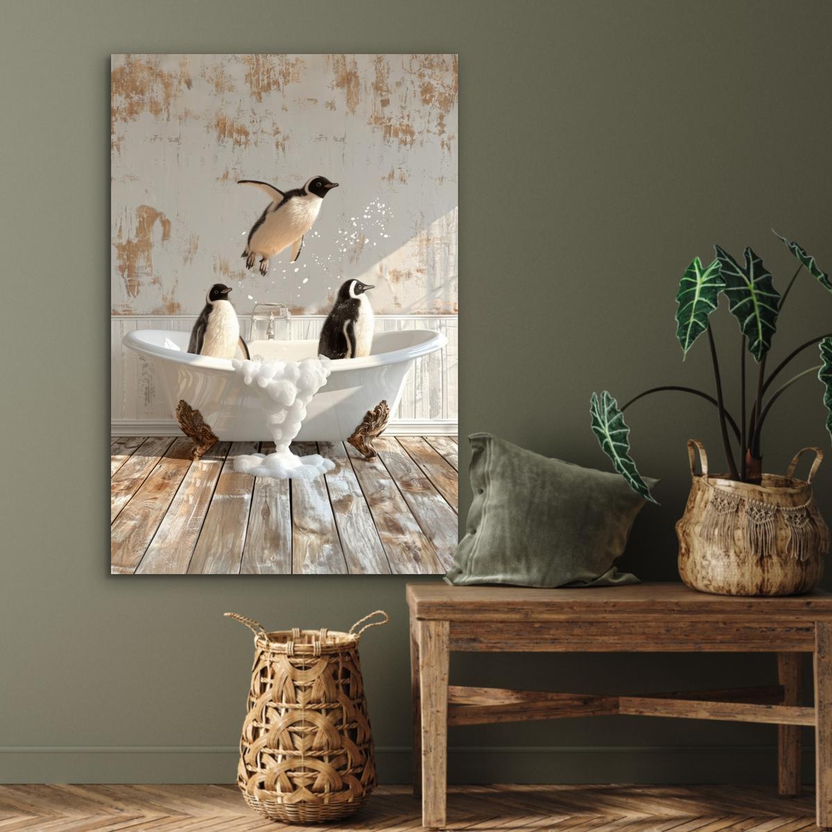 METALLBILD Vintage - Pinguin - Badewanne - Schaumstoff 80x120 cm - Schwarz, Metall (80/120cm) - MuchoWow