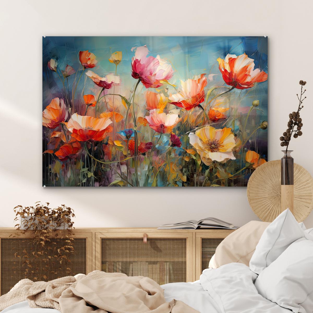 ACRYLGLASBILD Blumen - Aquarell - Kunst - Botanisch - Natur Wandbild Schlafzimmer 120x80 cm - Orange, Glas (120/80cm) - MuchoWow