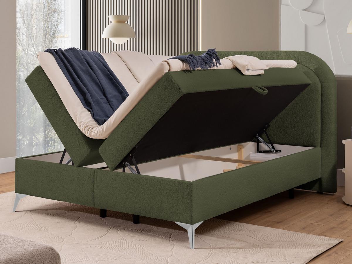 BOXBETT Sonna 160/200 cm Grün Bouclé-Stoff mit abgerundetem Kopfteil und mit silbernen Metallfüßen - Silberfarben/Grün, Holz/Textil (160/200cm) - S-Style Möbel