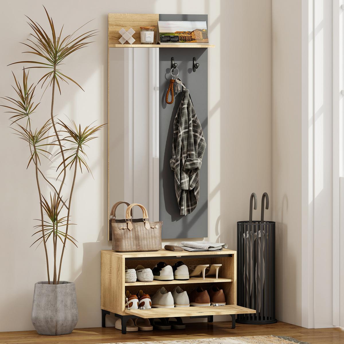GARDEROBE-SET MDF Spiegel Naturholz - Schwarz/Naturfarben, Holzwerkstoff/Metall (13.5/127.5/60cm) - HOMCOM