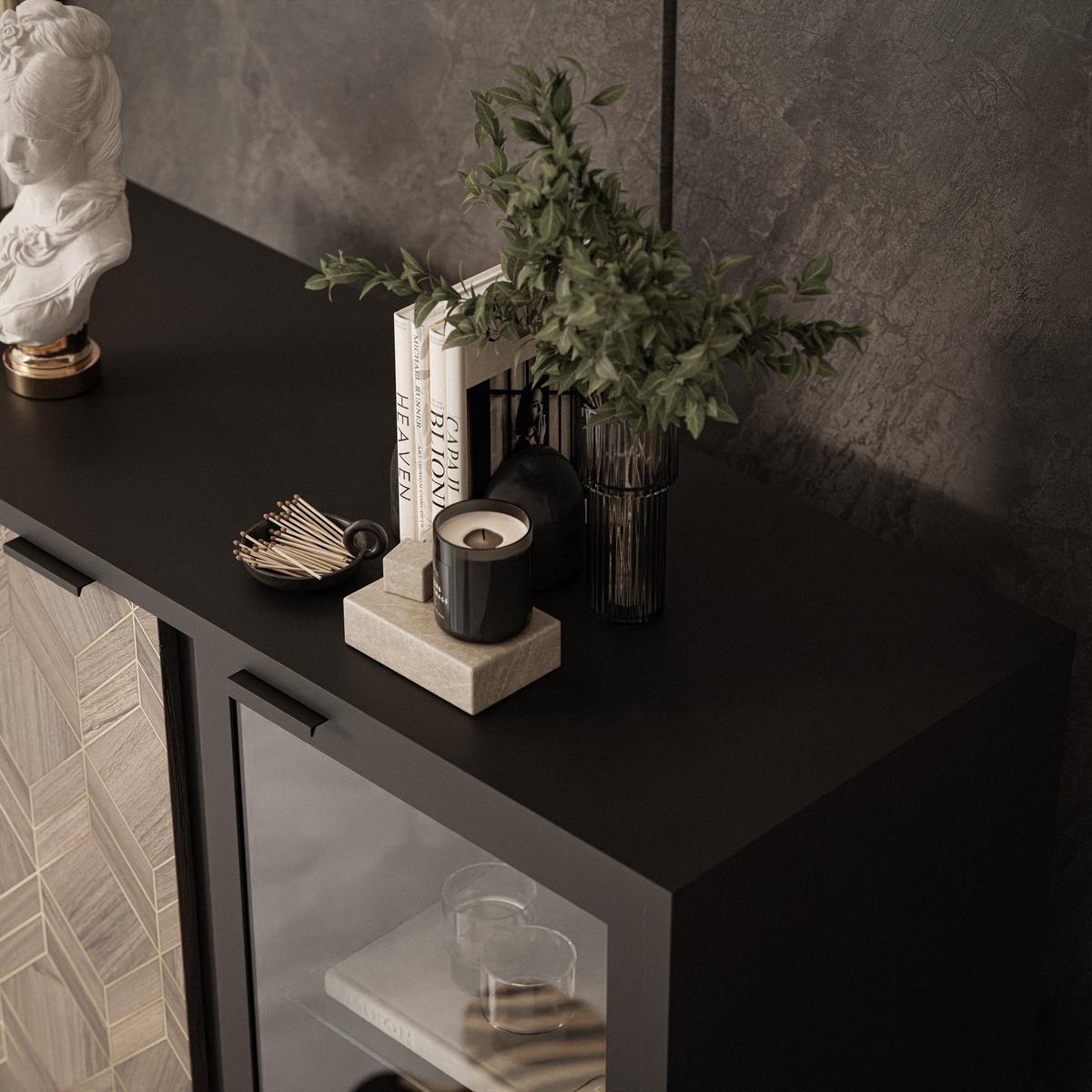 VITRINE LIAM mit Beleuchtung - Schwarz, Holzwerkstoff (101/124/41cm) - Lookway