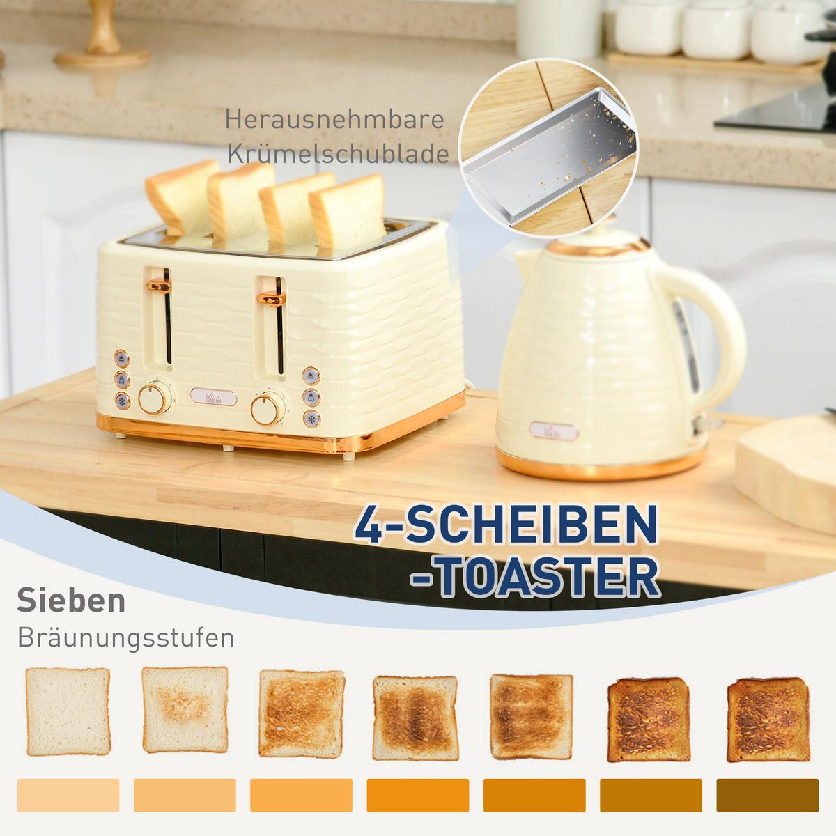 WASSERKOCHER-TOASTER-SET mit 1,7 L Wasserkocher, 4 Scheiben-Toaster, Beige - Beige, Kunststoff (19.5/23.2/24.1cm) - HOMCOM